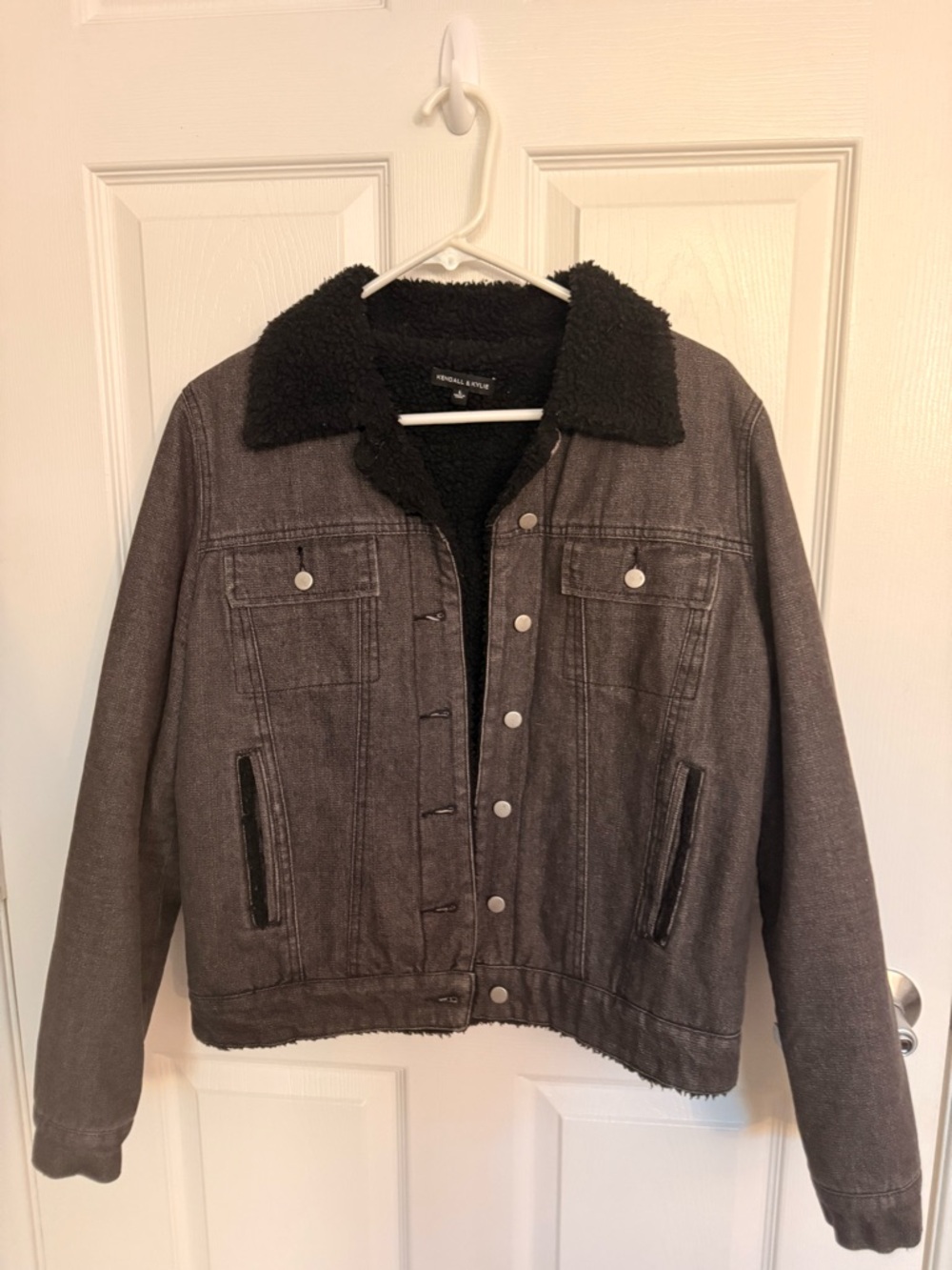 Kendall & Kylie Charcoal Gray Sherpa-Lined Jean Jacket with Black Collar